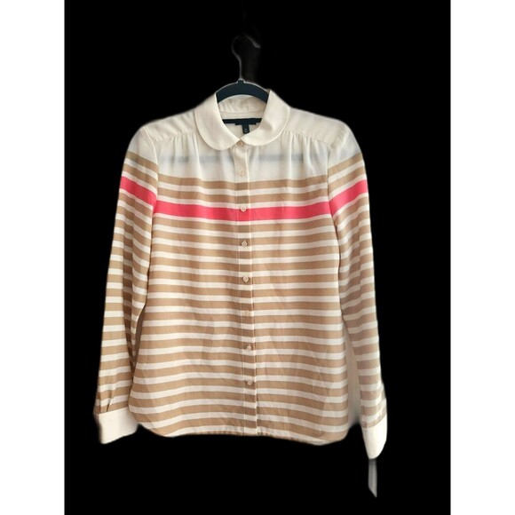 Talbots Ivory Tan Pink Striped Peter Pan Collar Blouse Top Size 6 Petite - Picture 1 of 5